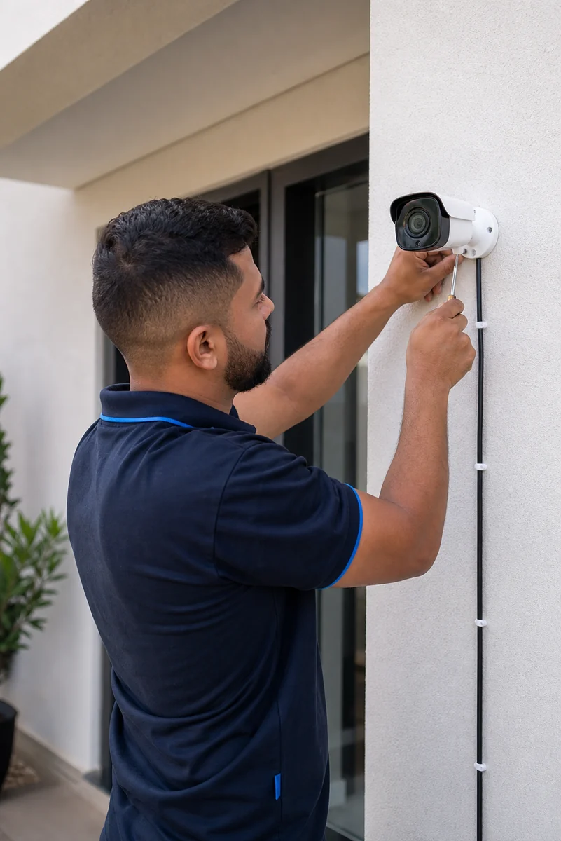 Técnico instalando câmera de segurança